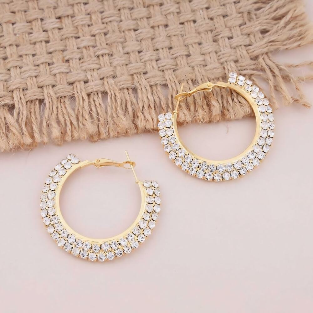 Rhinestone Hoop Earrings, Gold Circle Hoop Drop Earrings